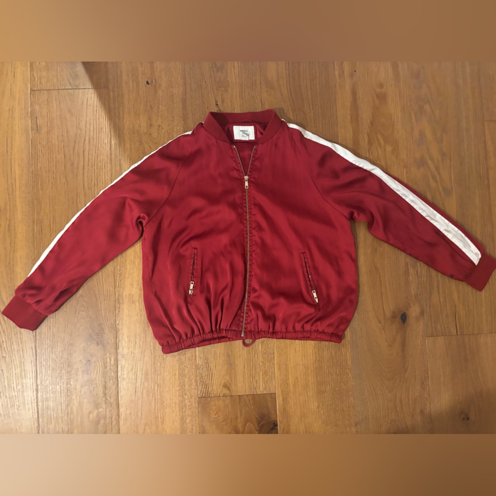 Forever 21 Red Satin Bomber Jacket with Gold Zipper